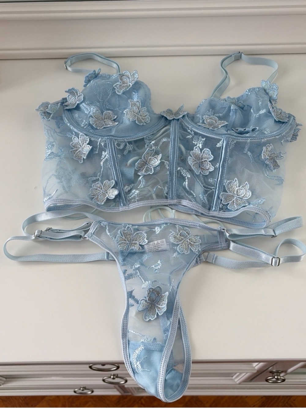 Sheer Floral Embroidered Longline Bra & Thong Set - Light Blue